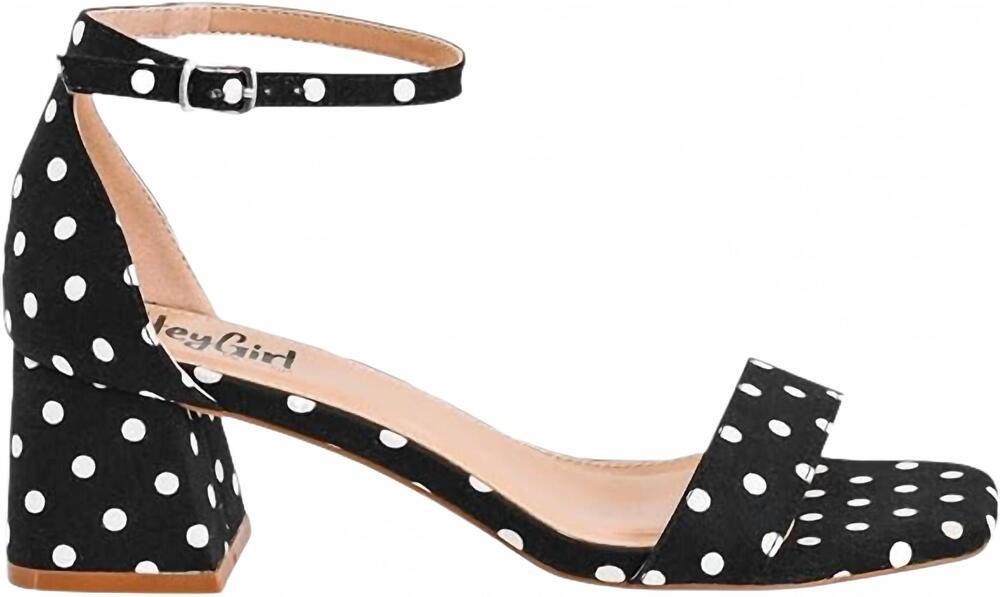 NEW CORKYS FOOTWEAR women's save the date block heel sandal in black white polka